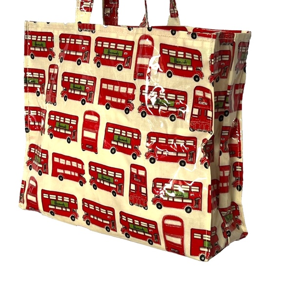 Harrods London Buses Tote PVC Shopping Bag Shopper Waterproof Red Cream Green - Picture 3 of 8